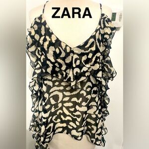 ZARA Black/Cream Print Ruffle Camisole Top - Size L - NEW